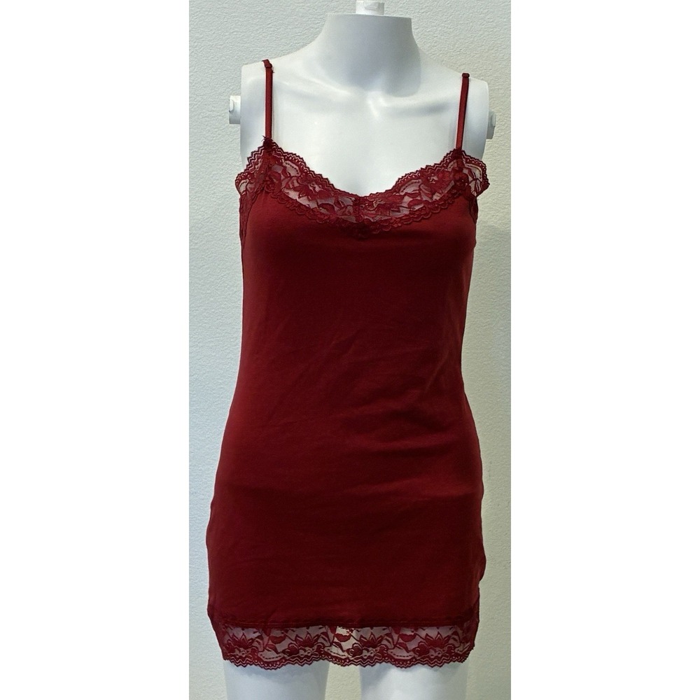 Zenana Outfitters Y2K Lace Trim Cami Tank Top Size M Red Preppy Bias Layers 90s